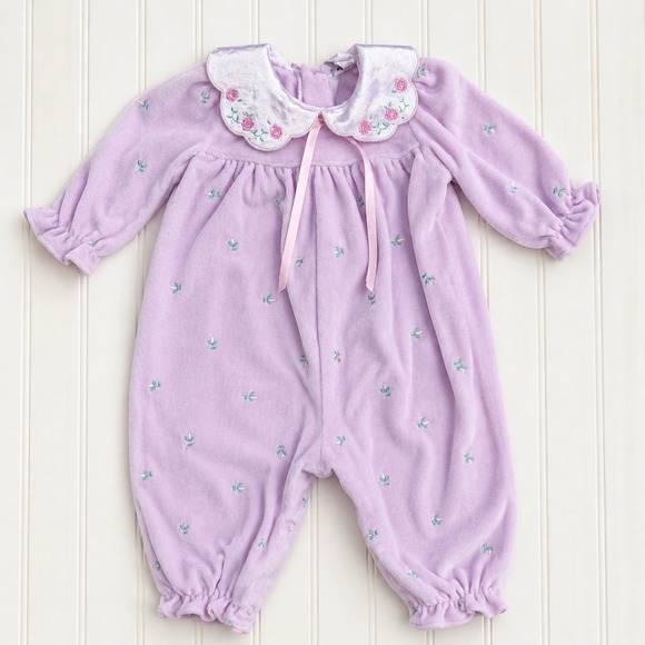 American Vintage Other - Vintage Embroidered Lavender Velour Floral Embroidered Baby Romper 6-9 Pink